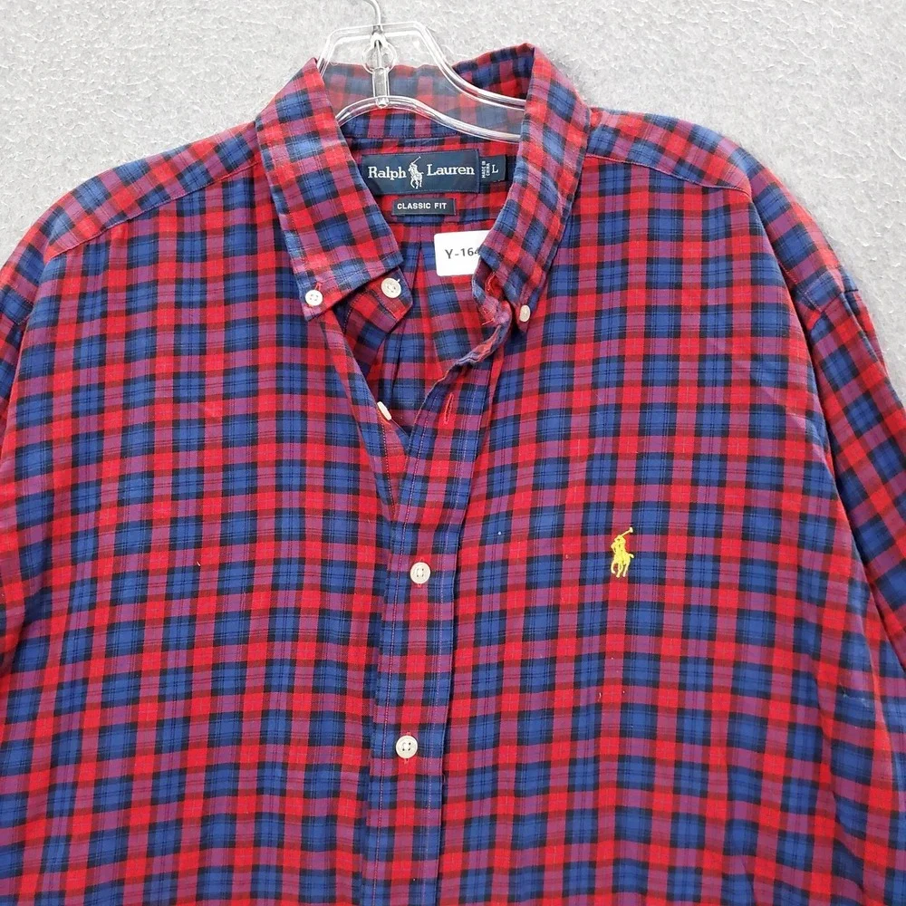 Ralph Lauren Men Button Up Shirt Large Red Classic Fit Plaid Blue LS READ